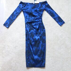 NWT LE CHATEAU cobalt blue and black abstract print off shoulder midi dr…